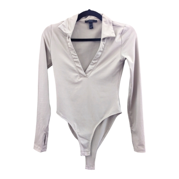 Forever 21 taupe collared deep v-neck long sleeve bodysuit, size Small - Picture 1 of 4